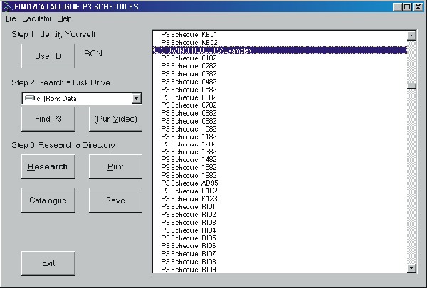 Example Find-P3 Schedule window showing located schedules.